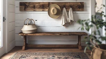 A farmhouse entryway with a wooden bench, shiplap walls, vintage coat hooks, a cozy rug, a welcoming decor, and a warm, inviting atmosphere, hd quality, natural look. --ar 16:9 --v 6.