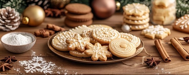 Assorted Christmas cookies and baking ingredients on a rustic table, Holiday baking, Warm festive treats