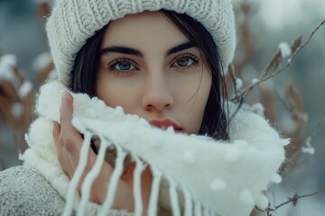 Close-up photo of a woman wearing a winter hat and scarf, outdoors on cold day.  Knitwear and knitting concept.