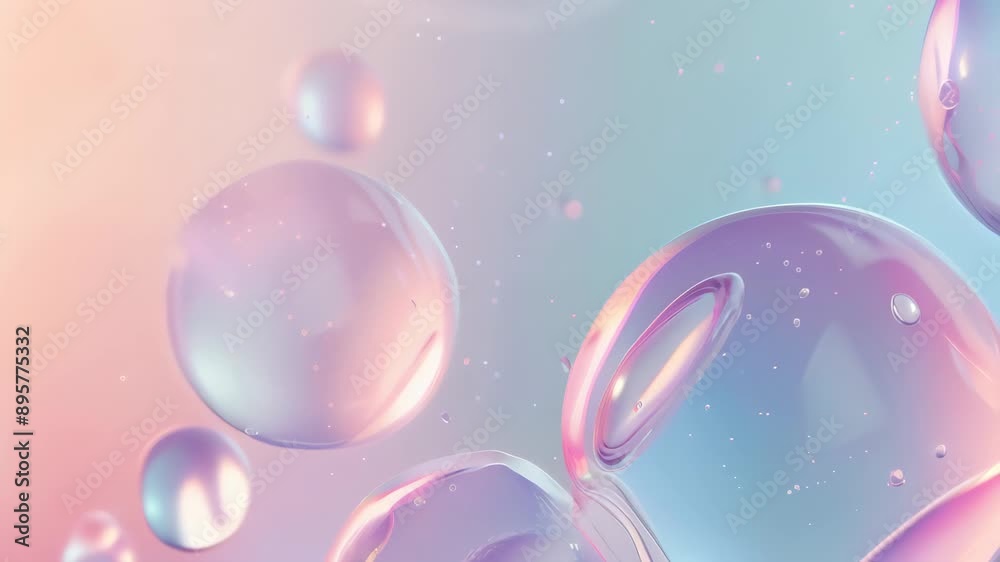 Poster Close-up of transparent bubbles with pastel hues on a soft gradient background. Abstract and ethereal scene, perfect for themes of serenity and lightness 
