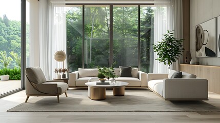 A contemporary living room with sleek, modern furniture, a neutral color palette, large windows allowing natural light to flood in, minimalistic decor with a touch of abstract art,