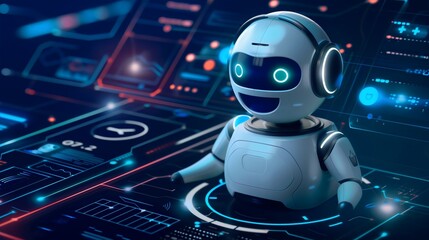 A futuristic robot sitting on an AI computer device, holographic futuristic data elements, virtual technology innovation, network analysis, digital marketing, science intelligence, business connection