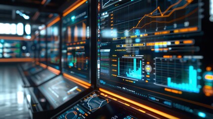 Obraz premium high-tech financial monitoring station with augmented reality displays showing live budget performance across different departments in a large corporation