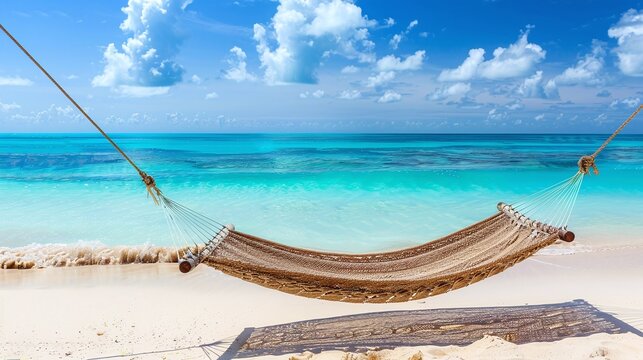 A tranquil tropical beach backdrop features a beach swing or hammock, white sand, and a serene sea, ideal for relaxation and summer holidays. Bahamas