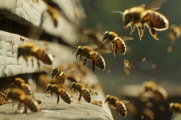 closeup of bees returning to a wooden hive