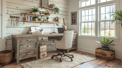 A farmhouse office space with a wooden desk, vintage chair, shiplap walls, rustic shelving, cozy decor, and a comfortable, inviting atmosphere, hd quality, natural look. --ar 16:9 --v 6.