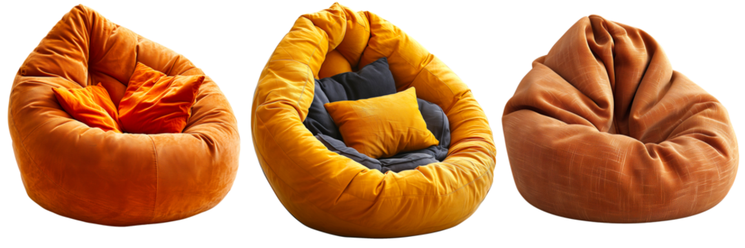Set of 3 Bean Bag Chairs on a transparent background, home, Household items, design, Modern, room, Exterior, Interior, Details, Decorative elements, house, png file, cut off bg, alpha channel - Powered by Adobe