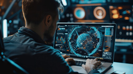 AI software generating images on a laptop, man navigating the advanced user interface