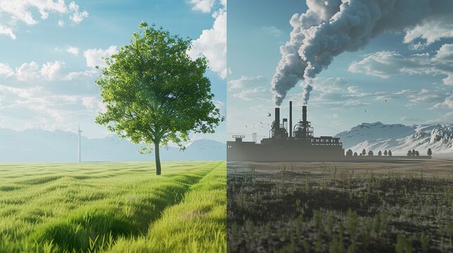 Compare a green tree and meadow with clear air to a factory emitting pollution and its effects on climate change, 3D illustration rendering