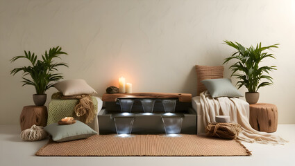 A tranquil meditation room with a water feature and natural textiles.