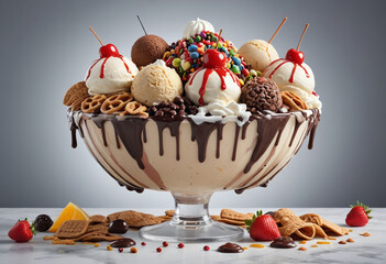  Giant ice cream sundae overflowing with toppings and sauces. 