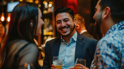 Obraz premium Business professionals interacting and laughing during a lively corporate event, creating a vibrant atmosphere.