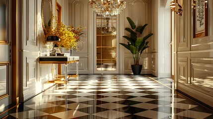 A Hollywood Regency entryway with a bold geometric floor, mirrored console table, gold accents, a statement chandelier, and an elegant, glamorous ambiance, hd quality, natural look. --ar 16:9 --v 6.