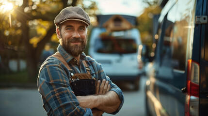 A bearded carpenter in overalls stands confidently in front of his workshop van, ready for a day's work.