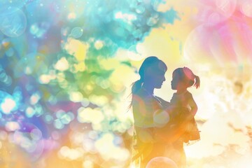 An artistic depiction of a mother and daughter enjoying a sunny day outdoors, with a softly blurred background