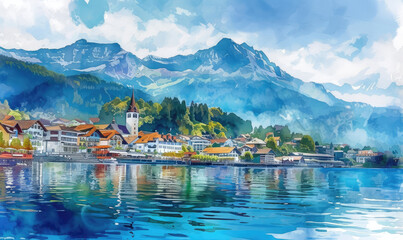 Naklejka premium Watercolor village Weggis, lake Lucerne , Pilatus mountain and Swiss Alps in the background near famous Lucerne city, Switzerland