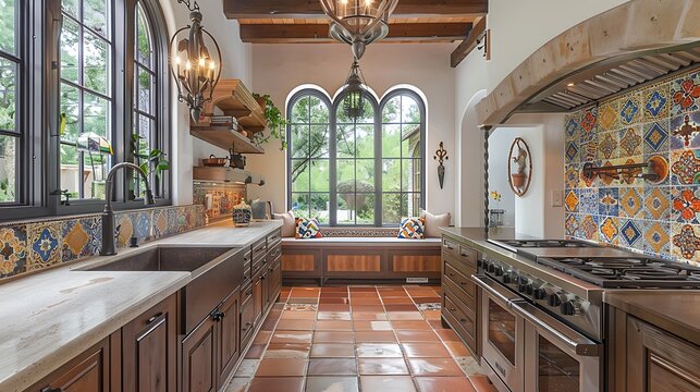A Mediterranean kitchen with dark wooden cabinets, a large farmhouse sink, colorful mosaic backsplash, wrought iron lighting fixtures, and terracotta flooring, creating a rustic and charming space,