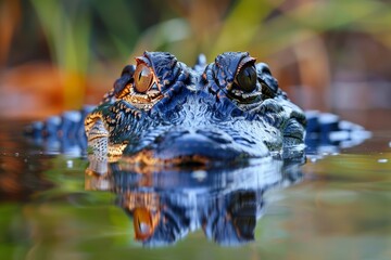 Obraz premium Stealthy alligator lurking in water with lily pads floating around.