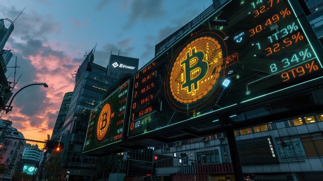 large, futuristic electronic billboard in a financial district displaying real-time cryptocurrency rates under a twilight sky
