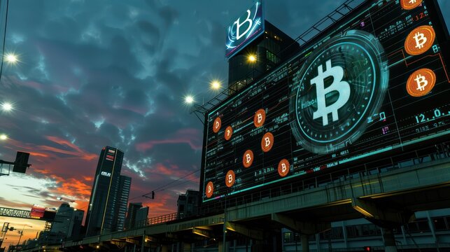 large, futuristic electronic billboard in a financial district displaying real-time cryptocurrency rates under a twilight sky
