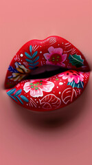 Red lips floral makeup mouth design vibrant pink and green details closeup editorial beauty art bold creative cosmetics spring summer fashion look artistic colorful feminine style beauty concept