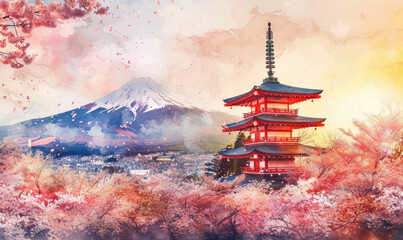Obraz premium Watercolor Chureito Pagoda with Fuji Mountain Background in Sakura Spring Festival at Sunset, Fujiyoshida, Yamanashi, Japan