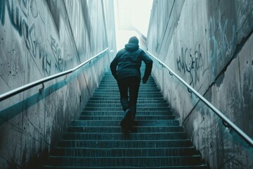 Back view of man fictional running up the stair
