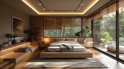 A modern bedroom with a platform bed, monochromatic color scheme, large windows with automated blinds, sleek furniture, minimalistic decor, cozy and stylish atmosphere, hd quality, natural look.