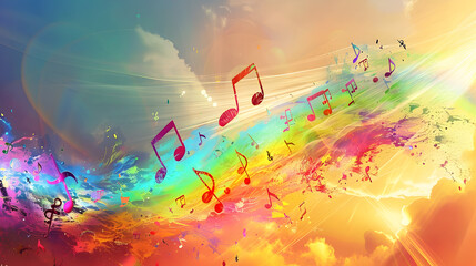 Obraz premium Floating Music Notes in a Rainbow Symphony: Music notes float in a symphony of rainbows, each note emitting a trail of colorful melodies against a sky of harmonic gradients.