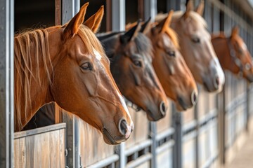 Fototapeta premium Beautiful horses in a stall in a row, horse corral on a sunny day