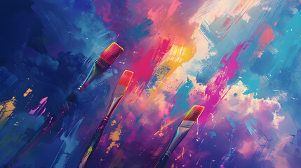 Fototapeta premium Giant Floating Paintbrushes Painting the Sky: Oversized paintbrushes sweep across the sky, each stroke leaving trails of vibrant colors against a backdrop of abstract geometric shapes.