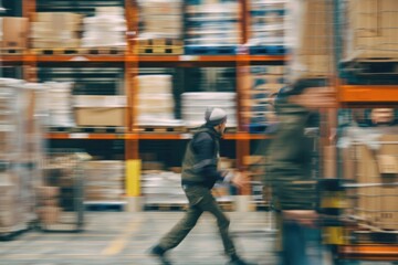 Blurred image of warehouse employees in action