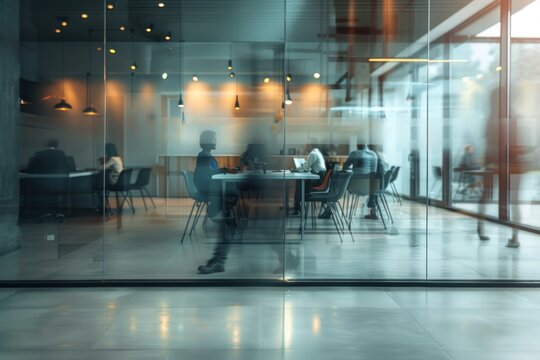 Business meeting in a modern office with blurred figures visible through glass walls, conveying a collaborative work