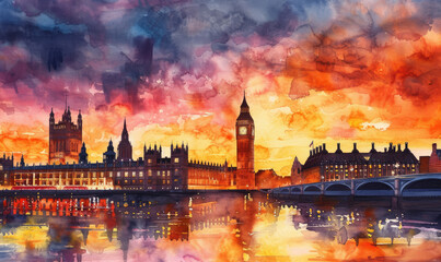 Obraz premium Watercolor London cityscape with Houses of Parliament and Big Ben tower at sunset, UK