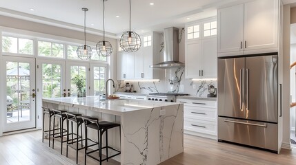 A modern kitchen with glossy white cabinets, stainless steel appliances, a large island with bar stools, pendant lighting with a futuristic design, open and functional layout, hd quality,