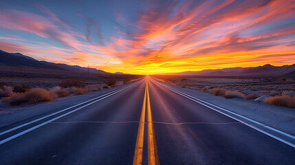 A breathtaking sunset over an open road, showcasing vibrant colors and a sense of tranquility and adventure.