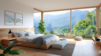 Cozy bedroom with floor-to-ceiling windows, cozy bedroom, natural light ambiance