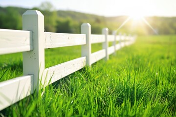 Classic White fence and green grass and flowers on sunny countryside spring landscape, background