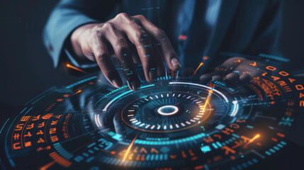 Businessman analyzing cost efficiency with a virtual gauge, cost management concept