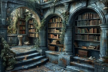 Fototapeta na wymiar Enchanting ancient library with stone arches, overgrown with plants and filled with old books.