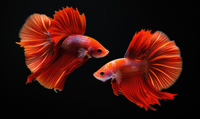 Fototapeta premium Beautiful movement of red betta fish, Two Fancy Halfmoon Betta, The moving moment beautiful of Siamese Fighting fish, Betta splendens, Rhythmic of Betta fish isolated on black background
