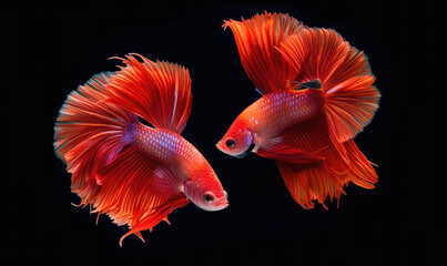 Fototapeta premium Beautiful movement of red betta fish, Two Fancy Halfmoon Betta, The moving moment beautiful of Siamese Fighting fish, Betta splendens, Rhythmic of Betta fish isolated on black background