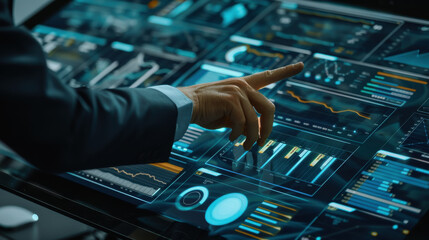 Businessman analyzing financial data with virtual tools, focus on cost management and budgeting