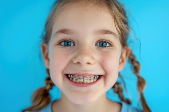 Close up kid with metal braces on her teeth Isolated on blue background copy space