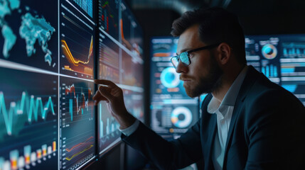 Businessman examining cost efficiency with advanced digital tools, financial management and expense control