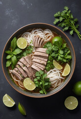  Steaming bowl of pho with fresh herbs and lime wedges on a dark background. 