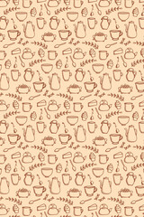 Tea party. In engraving and doodle style, pattern