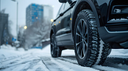 Car tyre close-up on snow-covered road, ideal for showcasing seasonal car features.