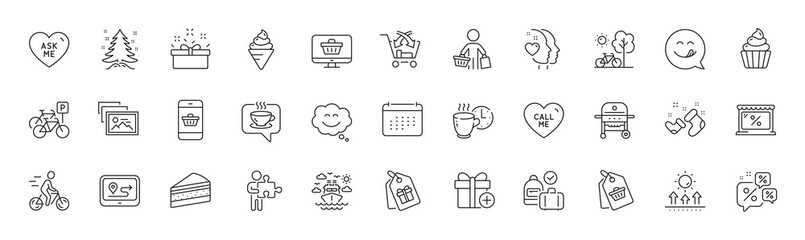 Add gift, Present box and Yummy smile line icons. Pack of Gps, Ice cream, Discounts chat icon. Cross sell, Call me, Coffee break pictogram. Bicycle, Carry-on baggage, Christmas tree. Vector