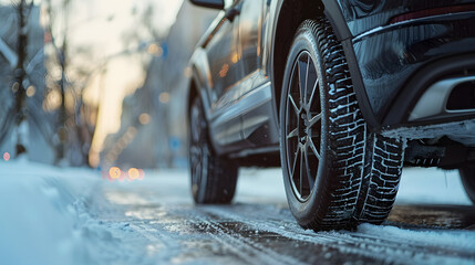 Car tire close-up on a snow-covered road, perfect for seasonal driving.